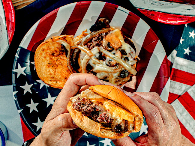 Image of Big Green Egg: Mushroom, Onion and Swiss Bugers